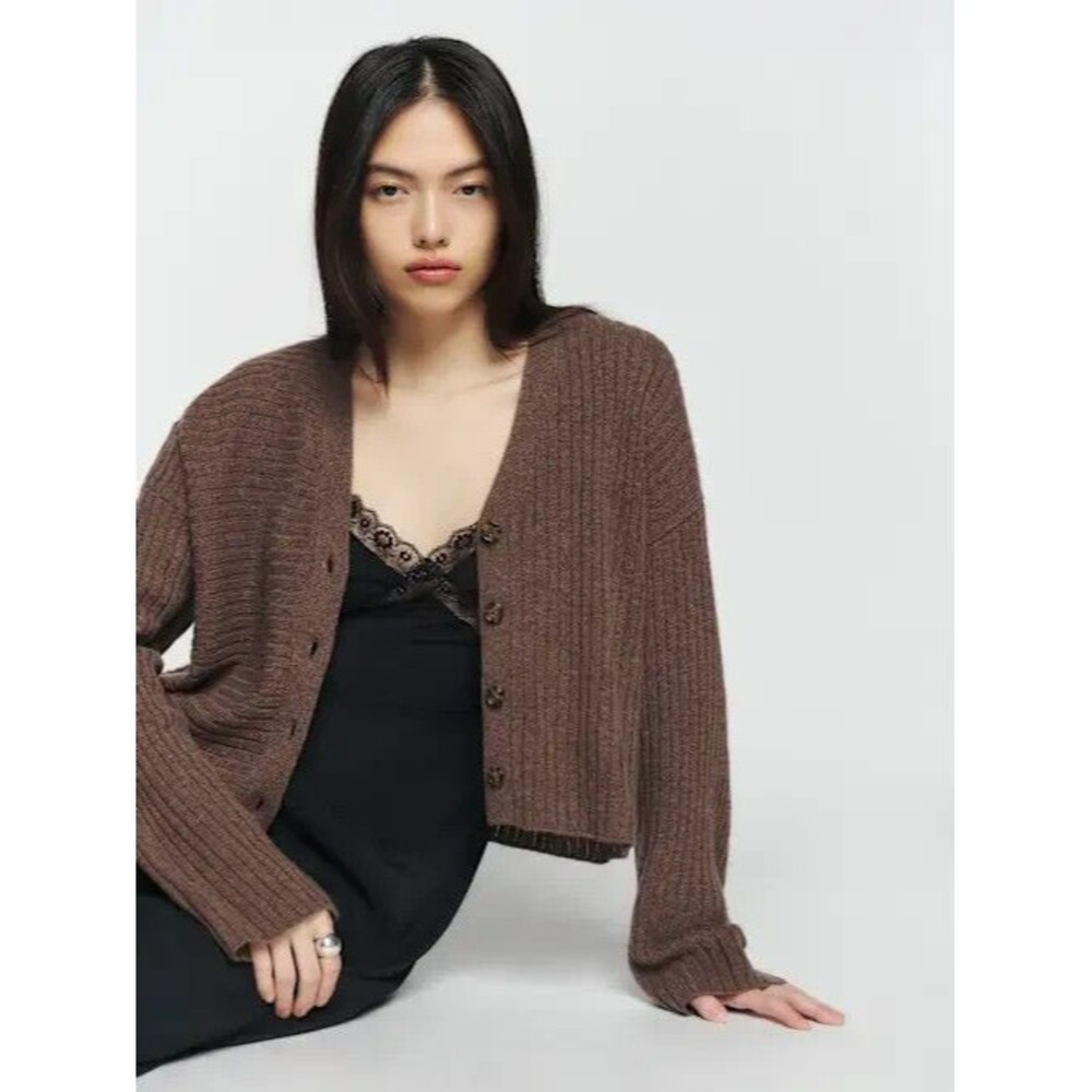 Reformation Trieste Regenerative Merino Wool Cardigan Brown Button Up Cropped L